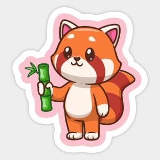 Cute Red Panda Holding Bamboo Cartoon Sticker